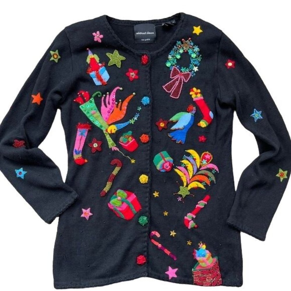 Michael Simon Cardigan Christmas Holiday Beaded Art Black Sweater Long Medium